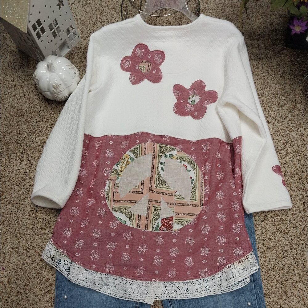 3733 Size Large Bali Studio Upcycled Shacket, in White and Red Print.